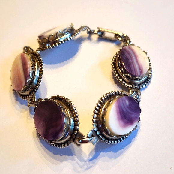 Vintage Wampum Oval Bracelet Link Purple Cabochon Quahog Shells Silver Tone 7" - Picture 1 of 11